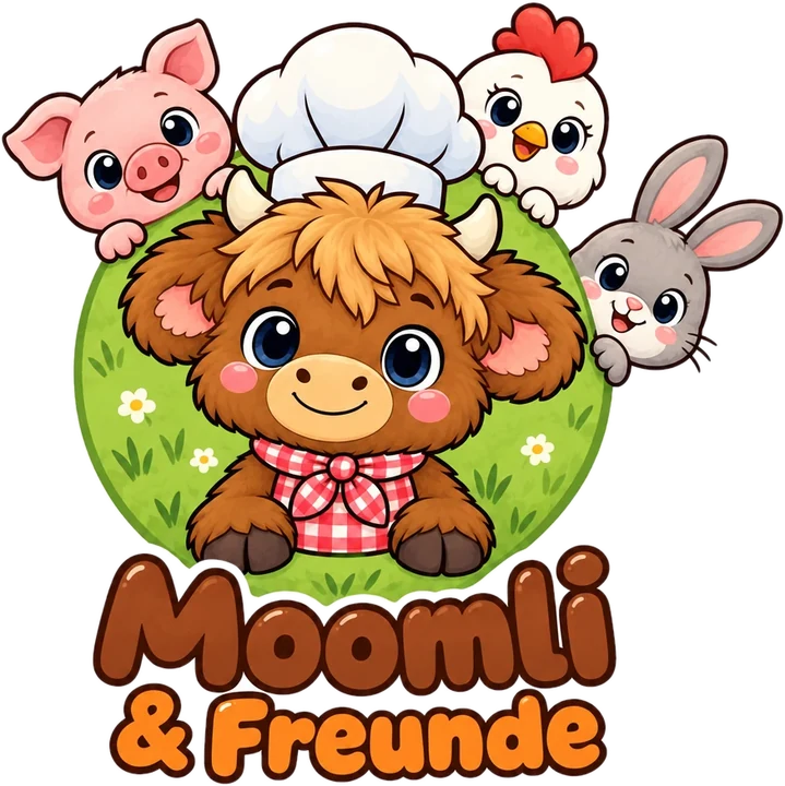 Moomli, ein kleines Hochlandrind mit Kochmütze, mit Schweinchen, Huhn und Häschen – Moomli & Freunde