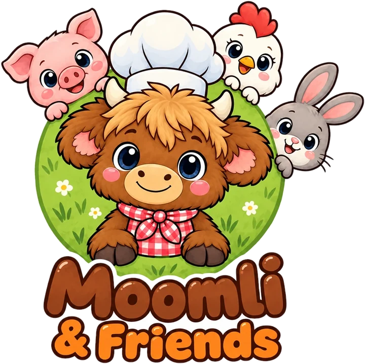 Moomli, a little Highland calf in a chef’s hat, with a piglet, a chicken and a bunny – Moomli & Friends