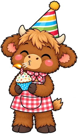Moomli mit Partyhut bläst eine Kerze aus